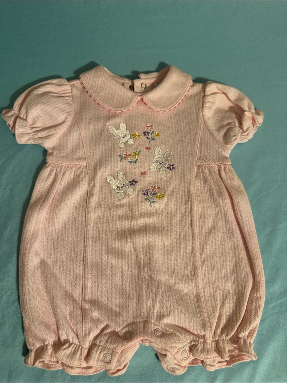 Embroidered Bunny Pink Baby Romper with Peter Pan Collar